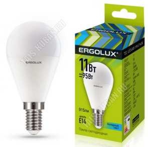 Ergolux-Шар E14 11Вт,нейтральн. 4500Вт,световой поток 925Лм (аналог 90Вт обычной лампы) h92 d45мм (10) 