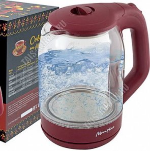 Чайник стекло 1,8л 1500Вт диск,повор.360, внутр.подсвет,автооткл,защита б/воды,вишневый (12) 