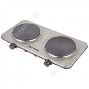 Плита электрическая нержавеющая сталь/2конфорки БЛИННАЯ d15,5/d15,5см, 1000ВТ+1000ВТ,терморегулятор, защита от перегрева,серебро,карт/уп 