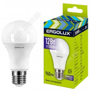 Ergolux-ЛОН E27 12Вт, холодн.6500К, (аналог 100Вт обыч.лампы) (10) 