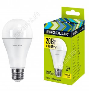 Ergolux-Груша E27 20Вт, тёплый 3000К, (аналог 140Вт обыч.лампы) (5) 