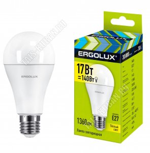 Ergolux-Груша E27 17Вт, тёплый 3000К, (аналог 140Вт обыч.лампы) (5) 