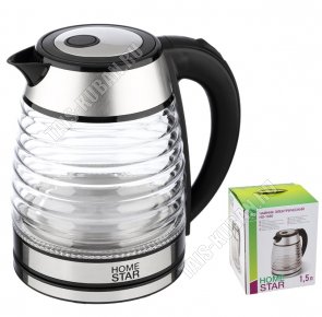 Чайник стекло 1,5л 1500Вт диск, волнистый корпус, черный/сталь (12) 