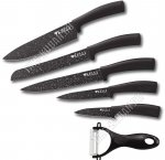 Н-р ножей 6пр в п/у на магнит (повар 20/д/хлеба 20/универсал 12/раздел 20/д/овощей 9см+овощечист попереч с керамич.лезв) нерж.лезв,черн в бел крап (6) 