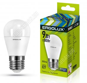 Ergolux-Шар E27 9Вт,нейтральн.(дневн) 4000К,светов.поток 875Лм (аналог 70Вт обыч.лампы) h88 d45мм (10) 