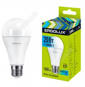Ergolux-ЛОН E27 20Вт, нейтрал.(дневн) 4000К (аналог 160Вт обыч.лампы) (10) 