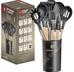 Кухонный набор 11предметов в стакане,черный с белым крапом,бамбук+силикон,п/у (16)