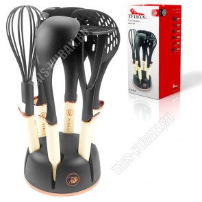 Кухонный набор 6предметов на подставке (лопатка с прорезями/шумовка/половник/картофелемялка/ложка д/спагетти/венчик д/взбивания) (12) 