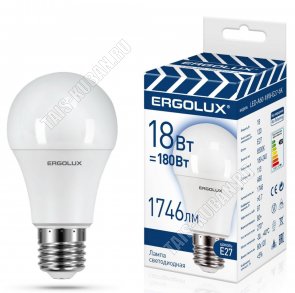 Ergolux-ЛОН E27 18Вт, холодн.6500К, (аналог 150Вт обычн.лампы) (10) 