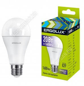 Ergolux-ЛОН E27 20Вт, холодн.6500К (аналог 160Вт обыч.лампы) (10) 